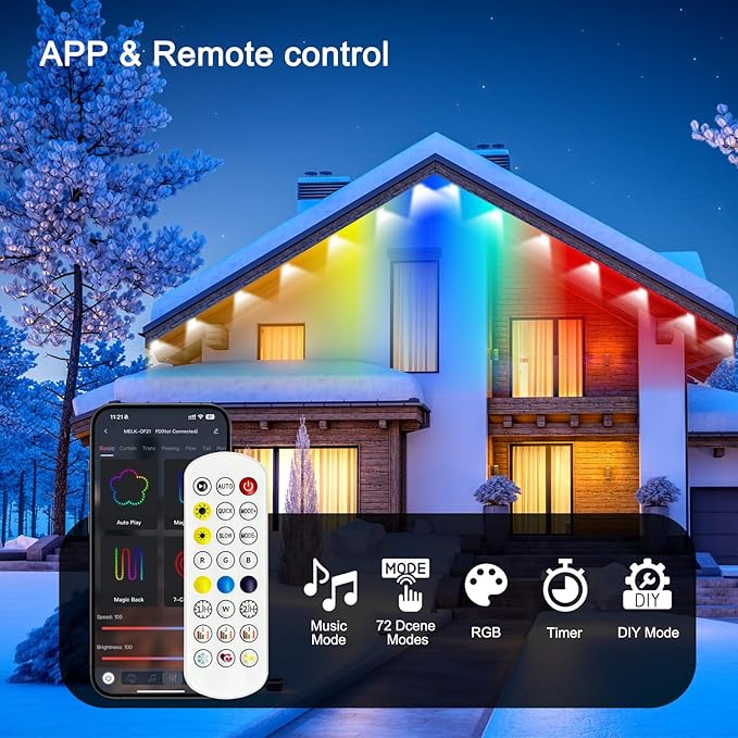 Permanent Outdoor Lights, 200ft Outdoor String Light Smart RGB with 72 Scene Modes, IP67 Waterproof Holiday Lights for Outside, APP and Remote Control Party Holidays