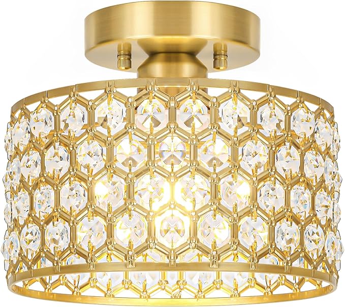 Gold Crystal Ceiling Light Fixture - Modern Semi Flush Mount Ceiling Chandelier Lighting for Hallway, Kitchen & Foyer | Dazzling Prism Chandelier with Easy Installation,1 Light, 8.8 in