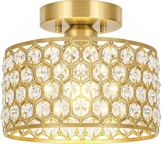 Gold Crystal Ceiling Light Fixture - Modern Semi Flush Mount Ceiling Chandelier Lighting for Hallway, Kitchen & Foyer | Dazzling Prism Chandelier with Easy Installation,1 Light, 8.8 in