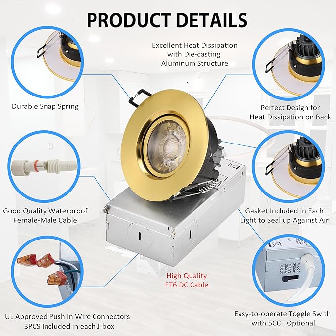 POPANU Premium Shiny Gold 3-inch LED Recessed Lights - 5 CCT 3 Inch Eyeball Ceilling Gimbal Potlight, Dimmable Recessed Lights Fixture with Junction Box, 8W CCT Adjustable, Shiny Gold, 6P