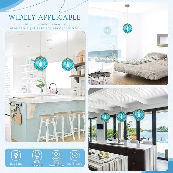 Blue Pendant Light Coastal Pendant Light Nautical Pendant Lighting Beach House Lighting Fixtures Ocean Lighting Fixture Coastal Hanging Light Fixtures Fish Float Glass Ball Lighting(Bulb Incl.