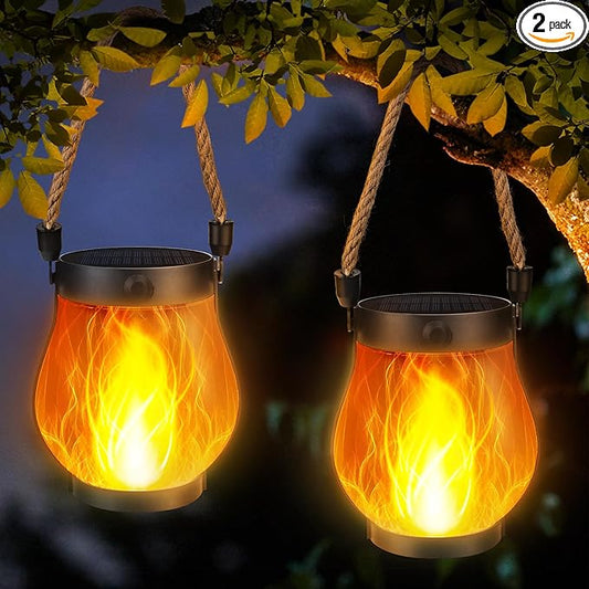 iBaycon 2 Pack Gen2 Solar Lantern Lights USB Ultra-Real Flame, Warm White | Solar Garden Lights with Dual Charging USB & Solar, 2 Modes Outdoor Waterproof Hanging Lantern for Patio Yard Home