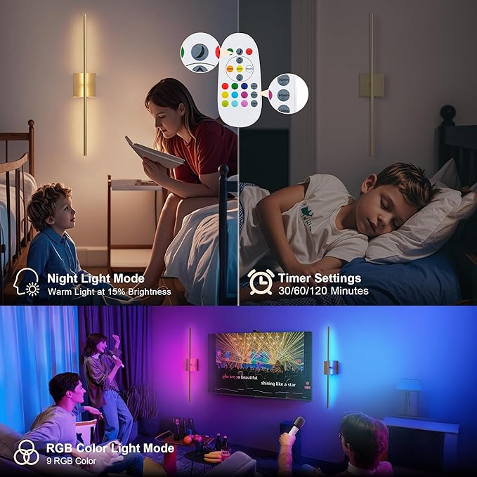 KARTOOSH 28.3 Inch 9 RGB Color Battery Operated Wireless Wall Sconces Set of Two, with Remote, Dimmable, Warm/Natural White/Daylight, Rotatable, LED Wall Light for Living Room, Bedroom, Gold