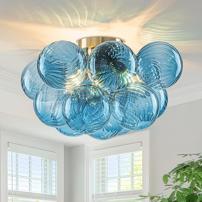 GoYeel Flush Mount Chandelier Gold, Kitchen Lights Ceiling Modern Glass Bubble Light Chandeliers 18.5" with 13 Swirled Blue Globe for Dining Room Bathroom Entryway Bedroom
