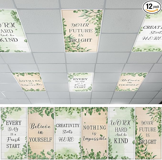 QOUBAI 12PCS Fluorescent Light Covers, 4x2 Feet Magnetic Light Cover Fluorescent Lights Shade Panel Positive Inspirational Ceiling Lights Filters for Office Classroom Home Drop Ceiling Eucalyptus