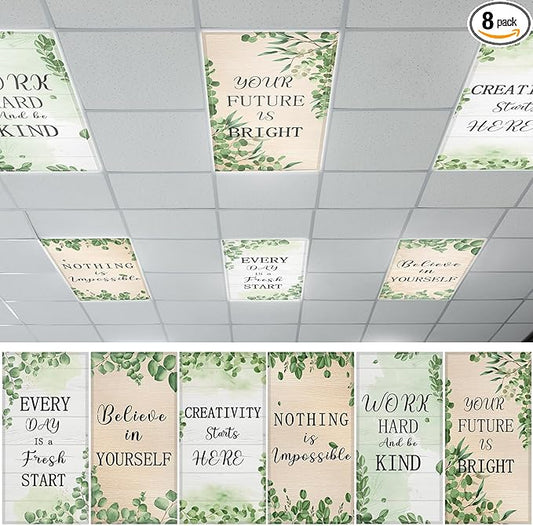 QOUBAI 8PCS Fluorescent Light Covers, 4x2 Feet Magnetic Light Cover Fluorescent Lights Shade Panel Positive Inspirational Ceiling Lights Filters for Office Classroom Home Drop Ceiling Eucalyptus