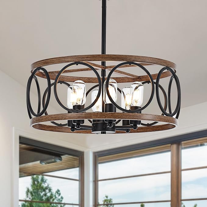 6-Light Farmhouse Drum Pendant Light,19.7'' Nature Wood Texture Vintage Rustic Chandeliers Black Metal Industrial Hanging Light Fixtures for Entryway, Bedroom Dining Room