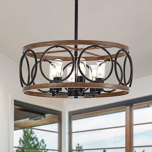 6-Light Farmhouse Drum Pendant Light,19.7'' Nature Wood Texture Vintage Rustic Chandeliers Black Metal Industrial Hanging Light Fixtures for Entryway, Bedroom Dining Room
