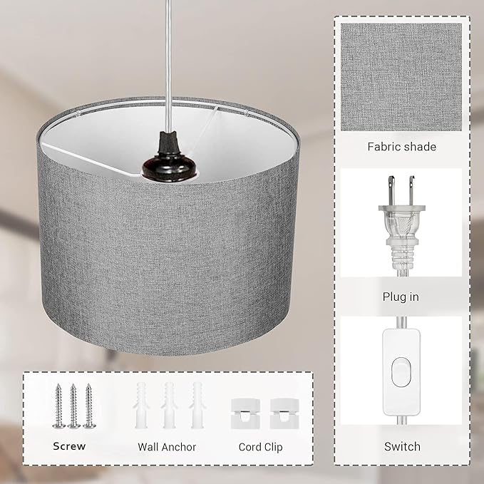 ZSLAIFU 15FT Plug in Pendant Light, Hanging Lamp with Switch,Gray Hanging Lights with Plug in Cord, Pendant Lamp with Remote Control，Pendant Light Fixture for Living Room Bedroom Farmhouse