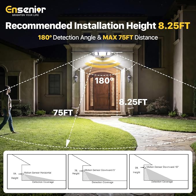 Ensenior Solar Security Lights, Wide Beam Flood Light 6500K Super Bright for Driveway Backyard Garden, Remote Control Motion Lights, Weather-Resistant Exterior Lighting, 1800LM Lumen, Black, 2-Pack