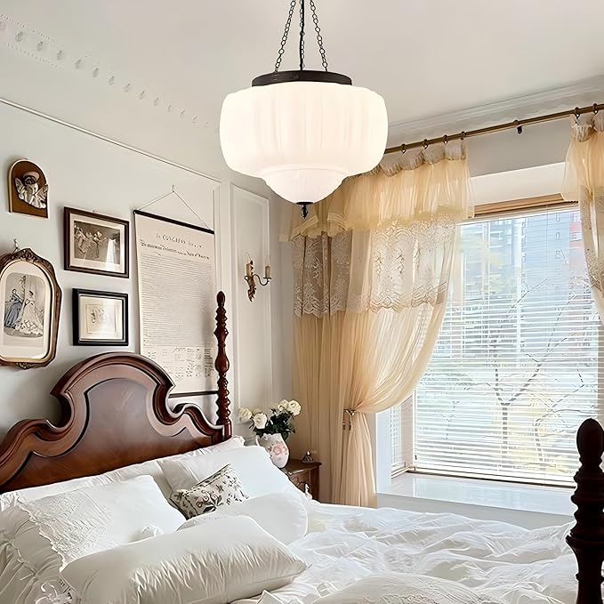 LIGHTLAND Milk Glass Pendant Light, 13 Inch Mid Century Semi Flush Mount Ceiling Light Fixture with 39.4 Inch Adjustable Chain, Vintage Chandelier for Bedroom, Living Room, Dining Room, Hallway