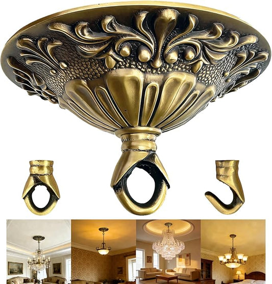 5.51" All Copper Ceiling Canopy Cover Plate, Black & Gold Retro Solid Brass Carved Heavy Duty Chandelier Canopy Fixing Base, Light Canopy Kit, Chandelier Parts with Dual Types Ceiling Hooks for Lights