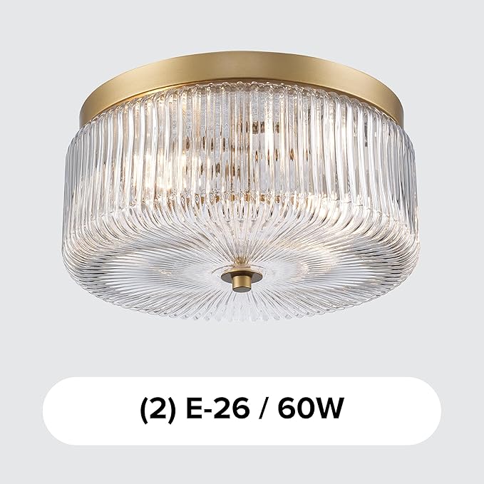 Ashbourne Semi Flush Mount Ceiling Light, Modern Gold Finish with Clear Ribbed Glass Shade, Mid-Century Drum Fixture for Bedroom, Kitchen, Hallway, Dining Room & Entryway, E26 Base