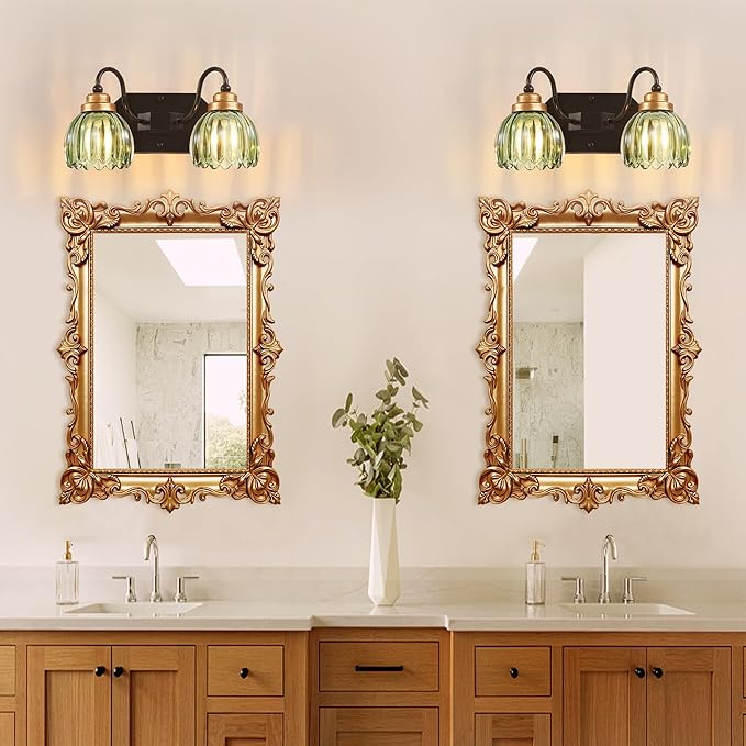 Vintage Bathroom Vanity Light, 2 Light Bathroom Lighting Fixtures Over Mirror, Mid Century Style Farmhouse Light Fixtures with Green Glass Shades, Black Finish Wall Mount for Bedroom , Living Room
