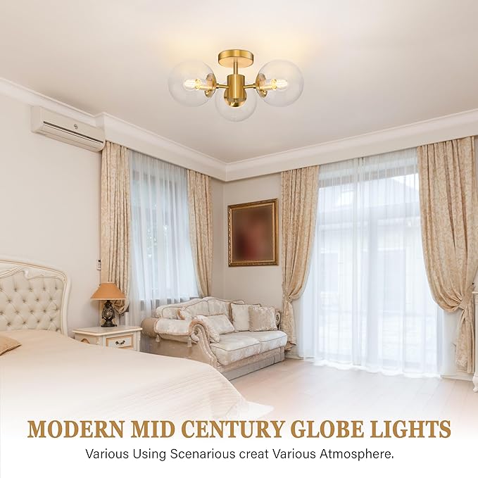 Mid Century 3-Light Clear Globe Glass Gold Chandelier 19 Inch Modern Brass Semi Flush Mount Ceiling Lights Modern Light Fixtures Ceiling Lights Fixture for Bedroom Living Room Hallway Entryway