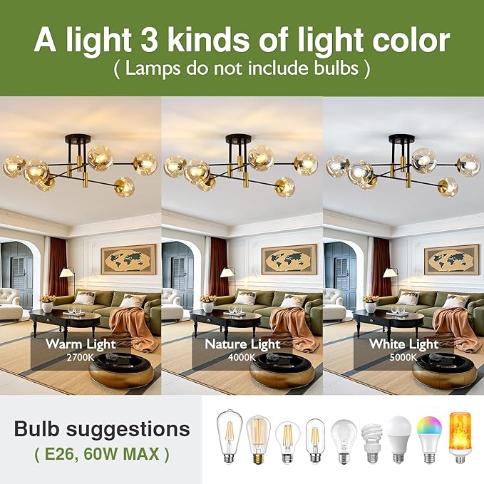 SZXYKEJI 6-Lights Sputnik Ceiling Light Fixture Mid Century Modern Glass Globe Flush Mount Chandelier Black and Gold Farmhouse Lighting for Living Room Dining Room Bedroom Kitchen