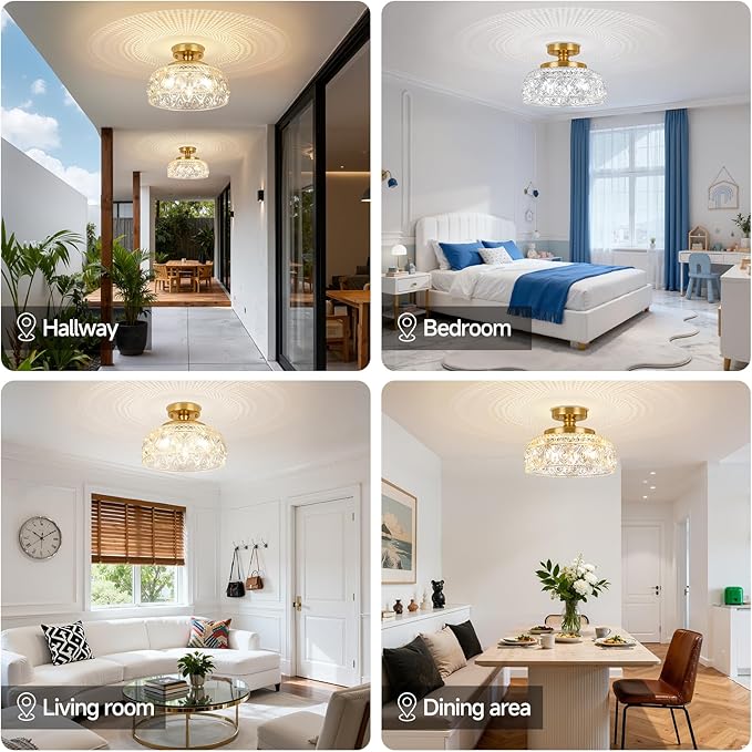 SunRider Semi Flush Mount Ceiling Light, Modern 3-Light Globe Glass Ceiling Light Fixture, Gold Indoor Pendant Lamp for Hallway Porch Kitchen Bedroom