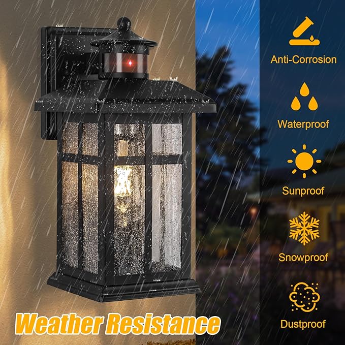 Brilvibera Outdoor Wall Light Motion Sensor - Updated Dusk to Dawn Outdoor Lighting, Exterior Light Fixture, Black Porch Lights & Outdoor Light for House Garage Entryway