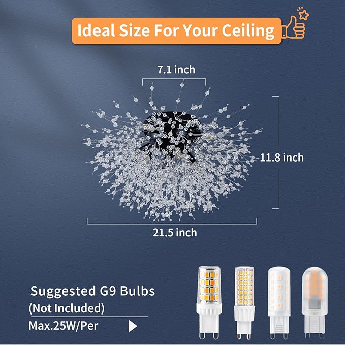 CM MZY Sputnik Flush Mount Ceiling Light Fixtures, Modern Black Crystal Firework Chandelier, 8-Light Close to Ceiling Lighting Fixtures for Bedroom Kitchen Hallway Entryway(H11.8'' x W21.5'')