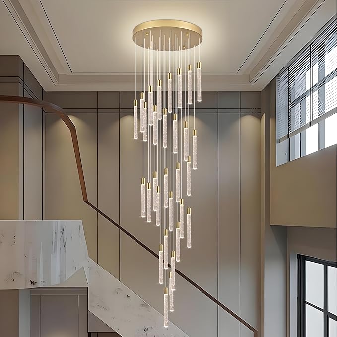 30-Light Gold High Ceiling Chandeliers Modern Crystal Chandeliers for Entryway Long Spiral LED Dimmable Chandelier Flush Mount Ceiling Staircase Foyer Living Room Ceilings Light Fixture