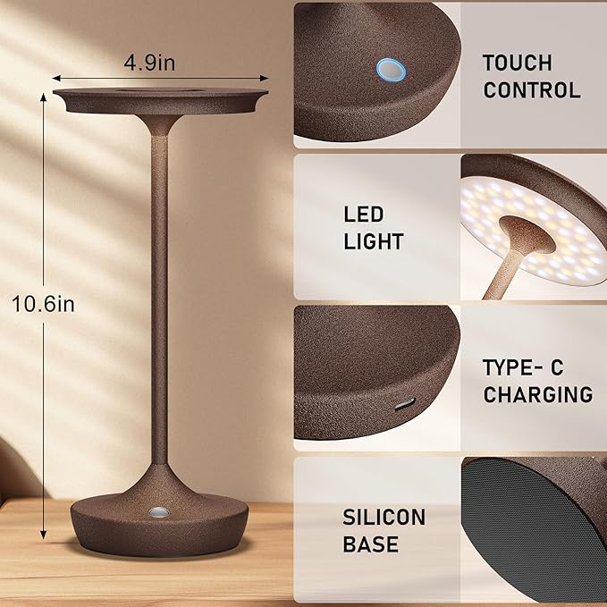 LED Cordless Table Lamps Rechargeable - Outdoor 6000mAh Battery Operated Portable Tables Light 3 Color Stepless Dimming Lamp with Memory Function for Patio Restaurant Dining Rust