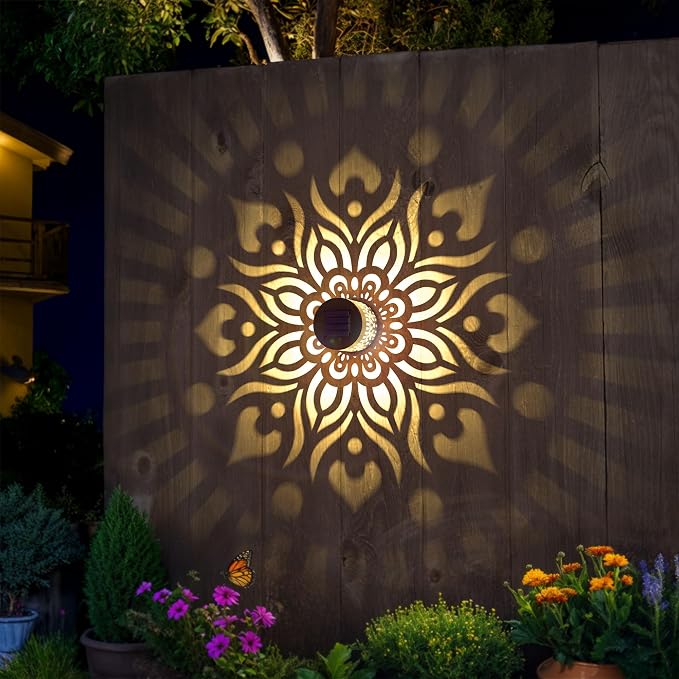 4 Pack Solar Fence Lights Metal Solar Powered Outdoor Wall Deck Step Lights Mandala Theme Waterproof Fence Light for Garden Post Patio Backyard Yard Decor, Gardening Gifts for Women Mom Grandma