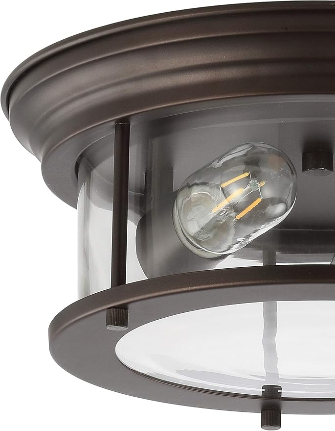 JONATHAN Y 13.25" Oil Rubbed Bronze/Clear 2-Light LED Flush Mount Ceiling Light Fixture, Modern Clear Glass Drum Shade, Industrial Farmhouse Lighting for Kitchen Hallway Bedroom (JYL7446B)