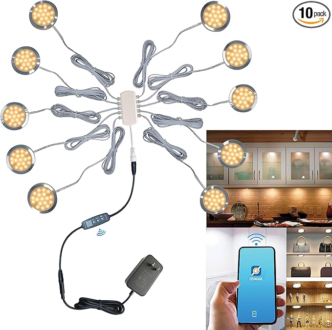 Puck Lights Bluetooth APP Smart Control Dimmable Tact Switch Under Cabinet Light Cabinet Lighting Cabinet Lights DC 12V Adaptor (Silver, Warm White, 10Pack)
