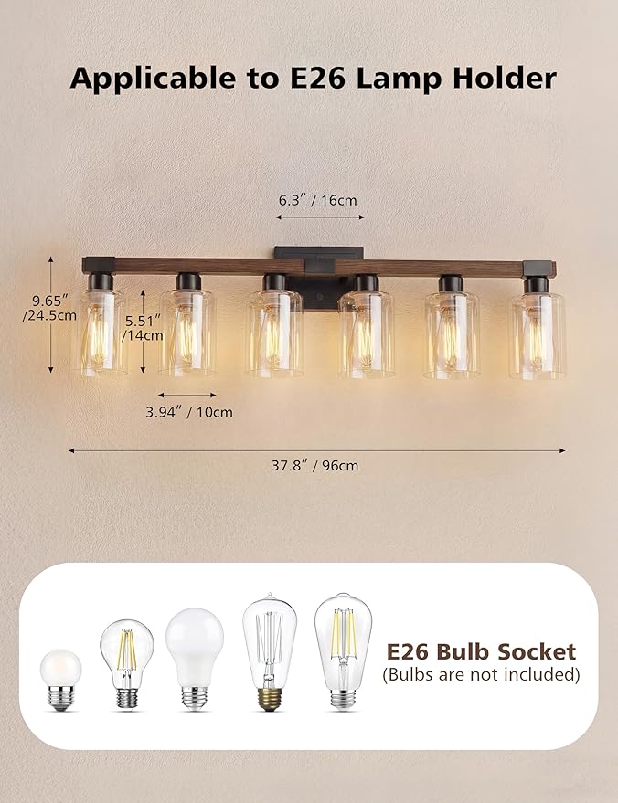 VOLISUN Farmhouse Bathroom Light Fixtures, 6 Light Bathroom Vanity Lights Over Mirror, Rustic Vanity Light for Bathrooms,Wood Bathrooms Lights Fixtures Over Mirror-UL Certificated