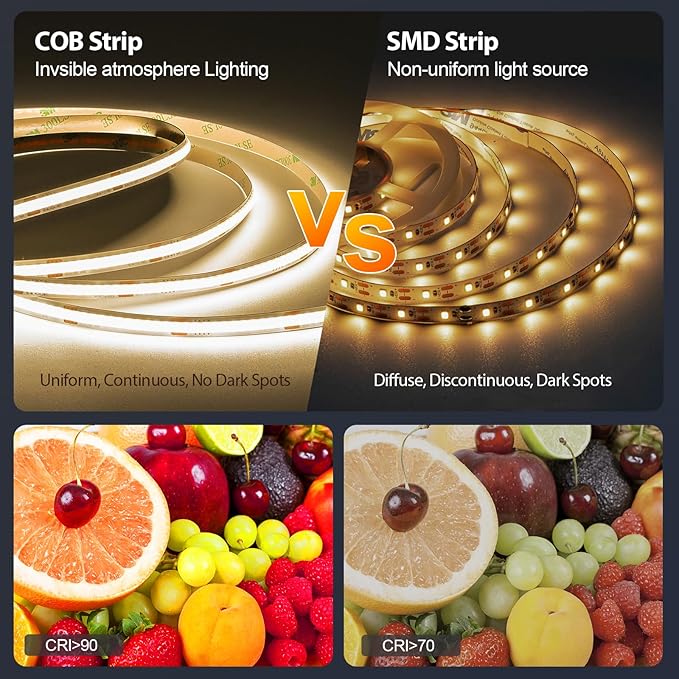 COB LED Strip 32.8ft, Dimmable 2700K-6500K High Bright Dotless LED Tape Light with Remote and APP Control, 6080LEDs, DC24V, CRI>90, 8mm Width, Warm White to Cool White LED Strip Lights for Bedroom