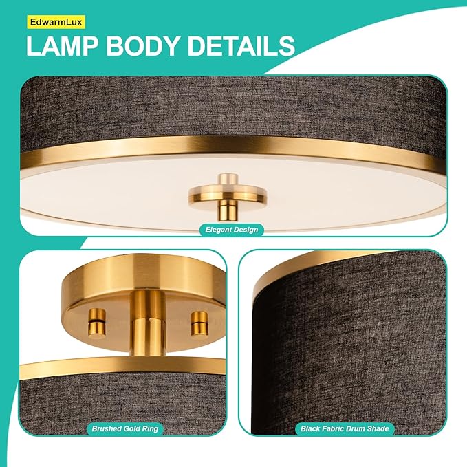 3-Light Semi Flush Mount Ceiling Light Fixture, 12.6" Gold Drum Light with Black Fabric Shade, Modern Close to Ceiling Light for Living Room Bedroom Dining Room Kitchen Hallway Entry Foyer