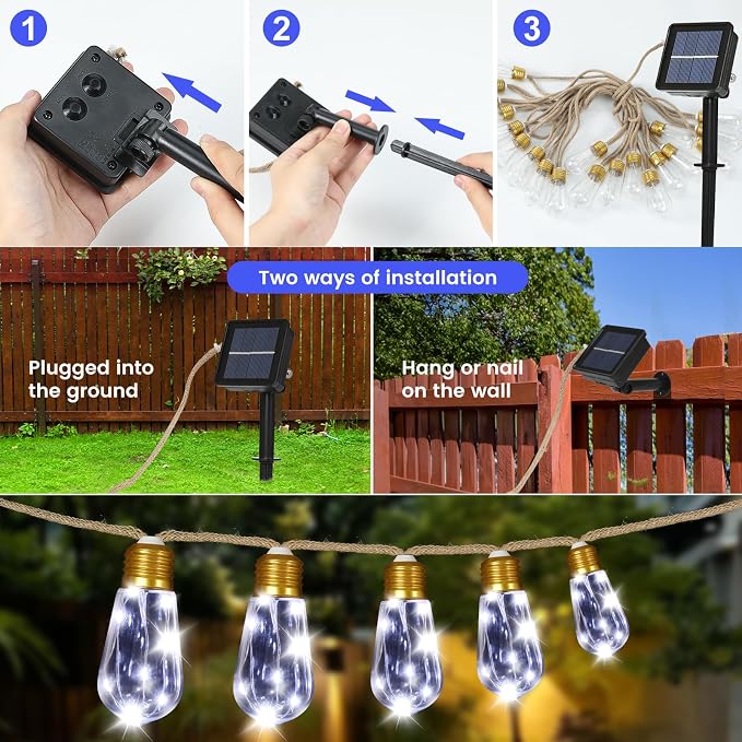 Solar Outdoor String Lights 2 Pack 24FT Vintage Rope Hemp Solar Lights with 20 Shatterproof Bulbs,8 Modes Solar Powered String Lights with Memory Function, Waterproof for Fence,Balcony,Garden(White)