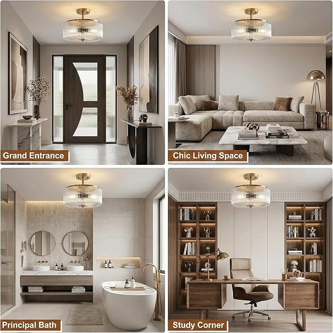 3-Light Gold Semi Flush Mount Ceiling Light, 11.8" Modern Hallway Light Fixtures Ceiling Mount with Ribbed Clear Glass Shade, Bright Close to Ceiling Lamp for Bedroom/Kitchen/Entryway/Dining Room