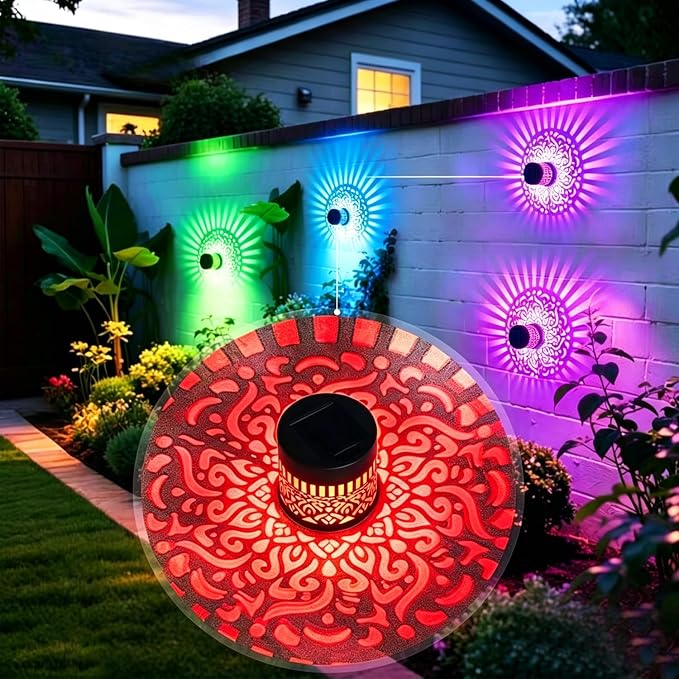 4 Pack Solar Fence Lights Mandala, Seven-Color Changing Solar Wall Mandala Lights Outdoor, Waterproof Metal Deck Step Lights for Garden Patio Post Backyard Yard Table