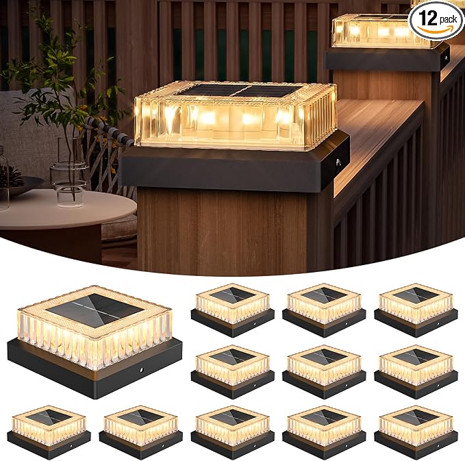 VOLISUN Solar Fence Post Cap Lights, 4x4 Solar Post Cap Lights for Fence Posts, Outdoor Post Lights Solar Powered Deck Post Lights for Outside, IP64 Waterproof Warm Light with Vertical Stripe Lens (12