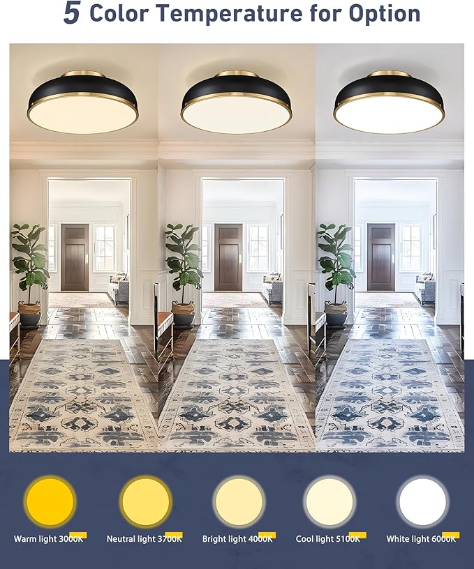 kudos Ceiling Light, 16-inch LED Flush Mount Ceiling Light, Black and Gold Finish, 30W/1900lm Light Fixtures Ceiling Mount for Bedroom,Hallway, 3000K/3700K/4500K/5100K/6000K Adjustbale, KDCL15-BK-L