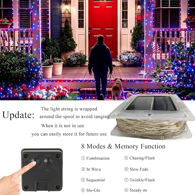 Joomer Red White Blue Solar Fairy Lights, 4th of July Memorial Day Decor, 2 Pack 39FT 120 LED String Light, 8 Lighting Modes with Memory, Waterproof Outdoor Patriotic Lights for Independence Day Decor