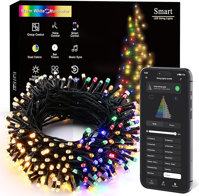 Brizled Smart Christmas Lights, 98.4ft 300 LED Color Changing Christmas Tree Lights with APP/Voice Control, Warm White & Multicolor Xmas String Light Music Xmas Fairy Light for Indoor Outdoor Home