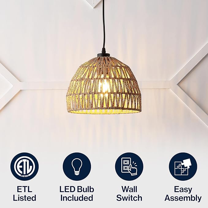 JONATHAN Y 10.25" Brown Modern Bohemian Woven Rope LED Pendant Light Fixture, Adjustable Dome Ceiling Lamp for Kitchen Island, Rope Shade, Coastal Farmhouse Decor (JYL6513E)