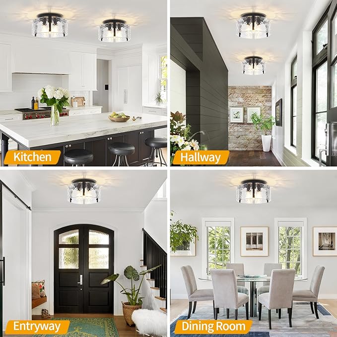 15'' Modern Black Semi Flush Mount Ceiling Light, Hallway Light Fixtures, 3-Light Glass Ceiling Lights for Entryway Kitchen Island Dining Room Foyer Bedroom Laundry Room Bathroom Lighting Fixtures
