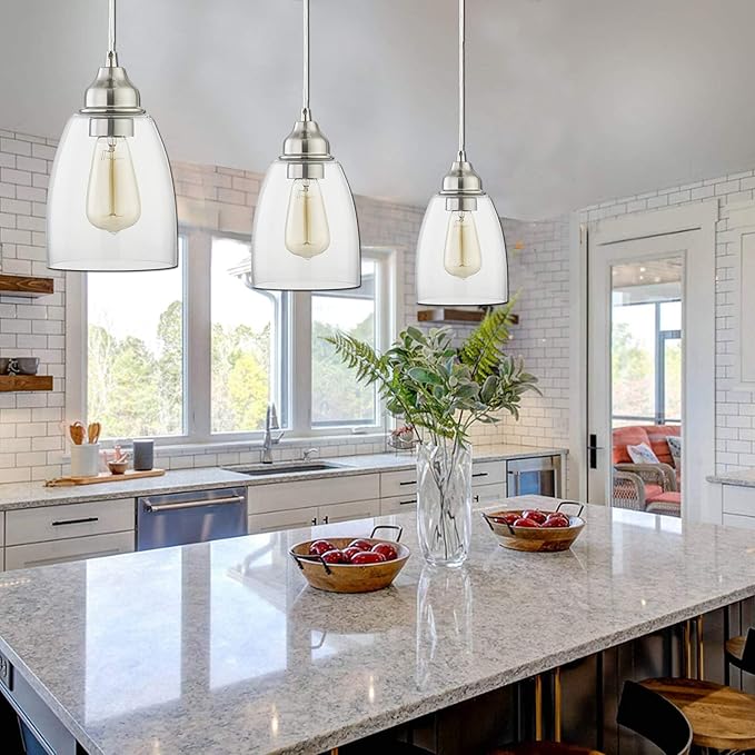 WISBEAM Brushed Nickel Pendant Lighting Fixture, Kitchen Island Hanging Lights with E26 Medium Base Max. 60 Watts, ETL Rated, Bulbs not Included, 2-Pack