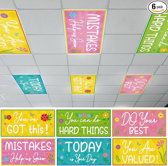 6PCS Fluorescent Light Covers for Classroom Ceiling Light 4x2ft Magnetic Lights Covers Filter Easy Install for Office School Hospitals Ceiling Supply (Spring Motivational)