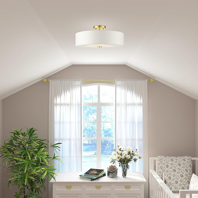 Livex Lighting 51055-12 Meridian Collection 4-Light Semi Flush Mount Ceiling Light with Off-White Hardback Fabric Shade, Satin Brass
