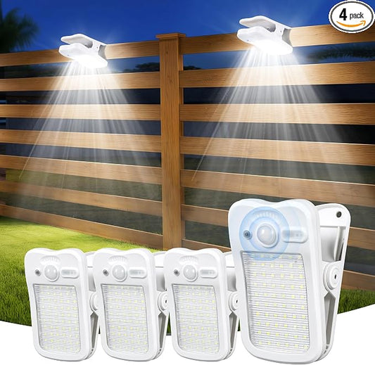 Clip on Solar Lights for Fence, 3 Modes Solar Motion Lights Outdoor Waterproof, 60LEDs 500LM Portable Security Light for Fence, Deck, Garage, Camping, USB Charging, 4 White