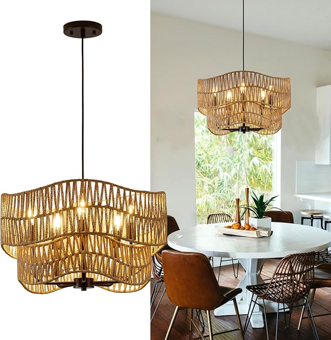 19.68" Large Rattan Chandelier, 5-Light Hand Woven Pendant Light Fixture, Farmhouse Boho Chandeliers, Adjustable Wicker Hanging Ceiling Lamp for Kitchen Bedroom Living Room Hallway Foyer