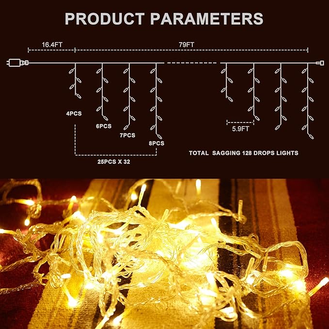 LED Icicle Lights for Outdoor Christmas Decorations,78.7Ft 800 LEDs Christmas Fairy Light with Timer&Memory Function,8 Lighting Modes,Plug in hanging Curtain Lights for Xmas Party Wedding(Warm White)