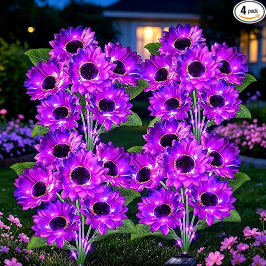 Solar Lights Outdoor, Gift for Women Mom Grandma Friends, 4 Pack 24 Solar Purple Sunflower Lights, Solar Flower Lights Waterproof, Outside Sunflower Decor Lights For Landscape Yard Patio Lawn Pathway