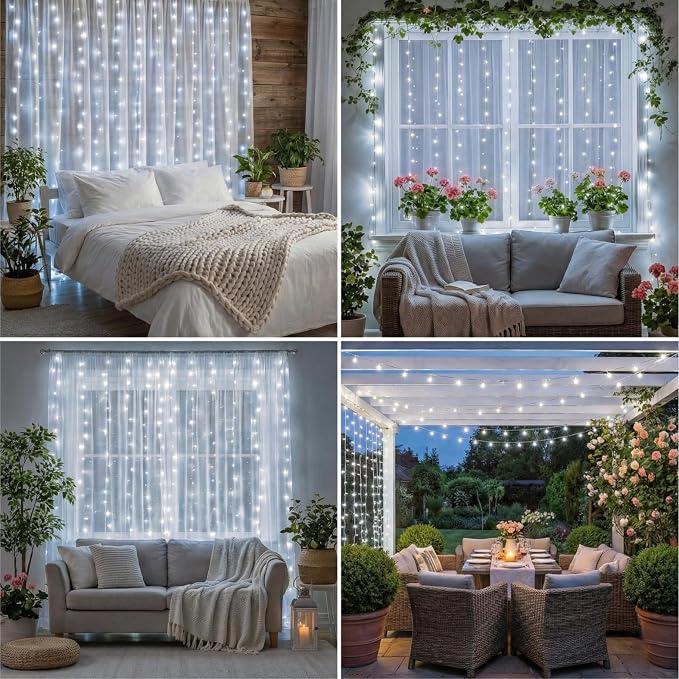 Curtain Light for Bedroom, 200LED 6.6x6.6ft White Window Wall Hanging Fairy Curtain String Light, 8 Modes Remote Fairy String Lights Indoor for Wedding Party Home Garden Decorations