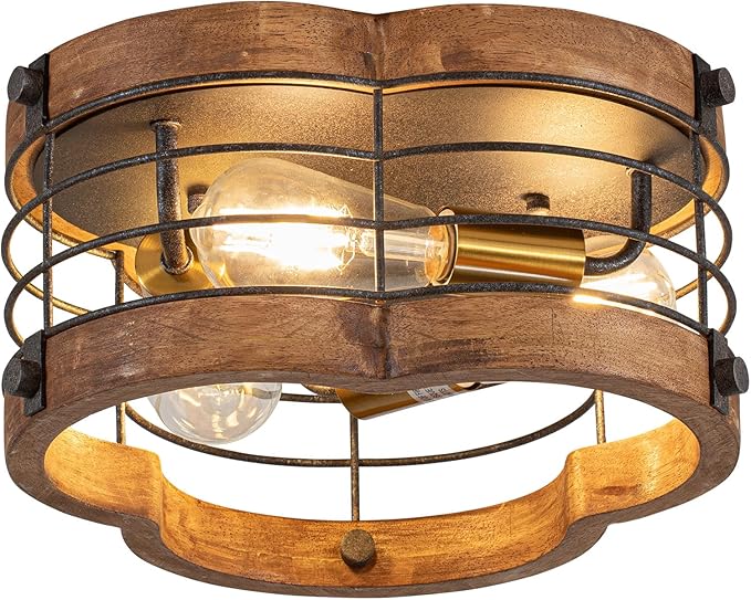 Farmhouse Flush Mount Ceiling Light, 12.2 Inch 3-Light Metal and Wood Close to Ceiling Light Fixture, Rustic Drum Semi Ceiling Light for Kitchen, Dining Room, Living Room, Hallway, Entryway