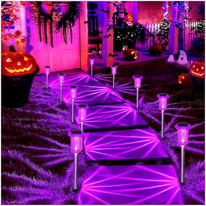 DenicMic Solar Halloween Lights Outdoor 10 Pack Waterproof Outside Lights for Yard Pathway Garden Driveway Walkway Landscape Path Lighting Purple LED Stainless Steel Stake Halloween Decor